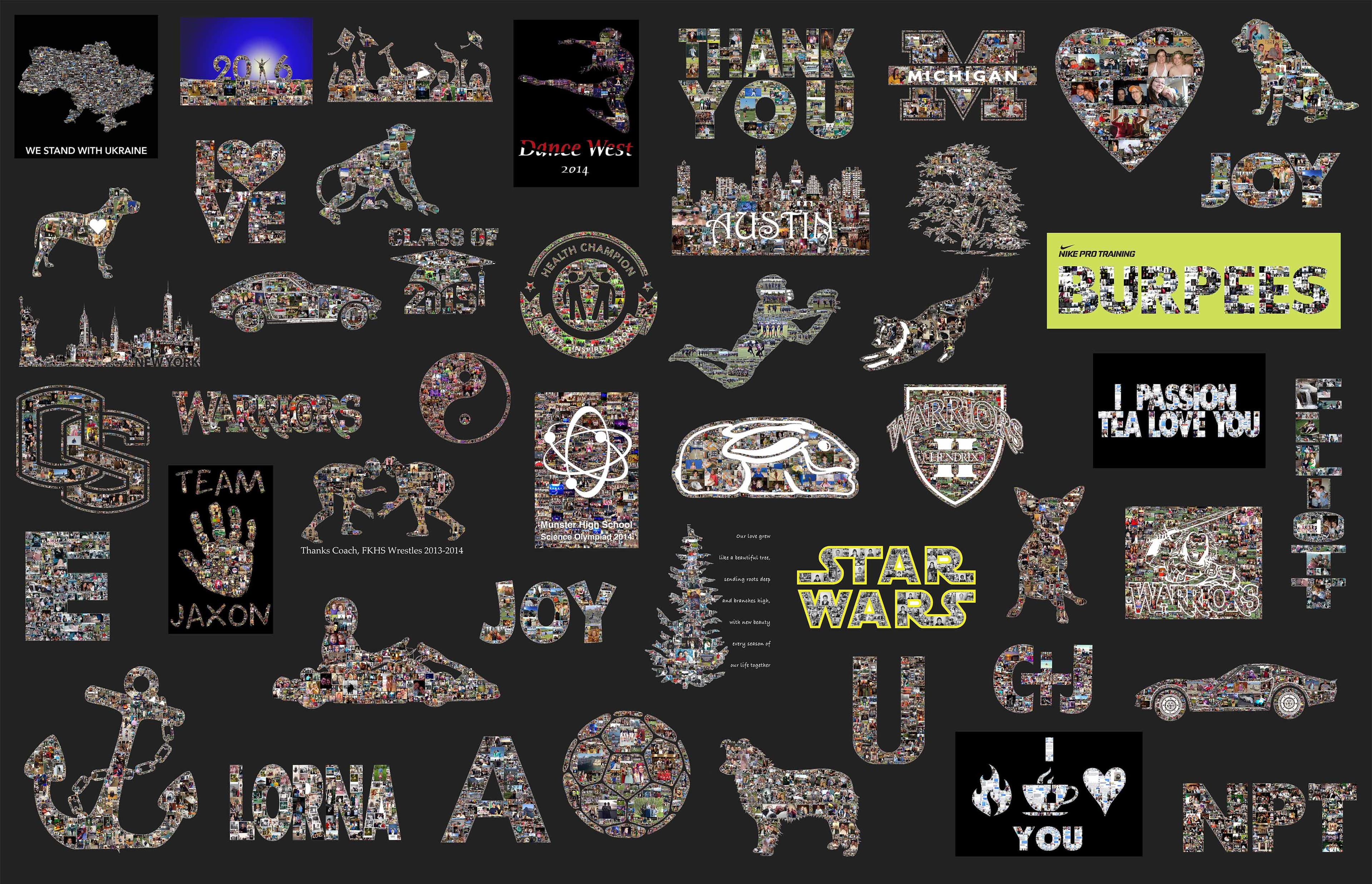 A collection of photo mosaics in dozens of different shapes including animals, text, hearts, cars, trees, and more